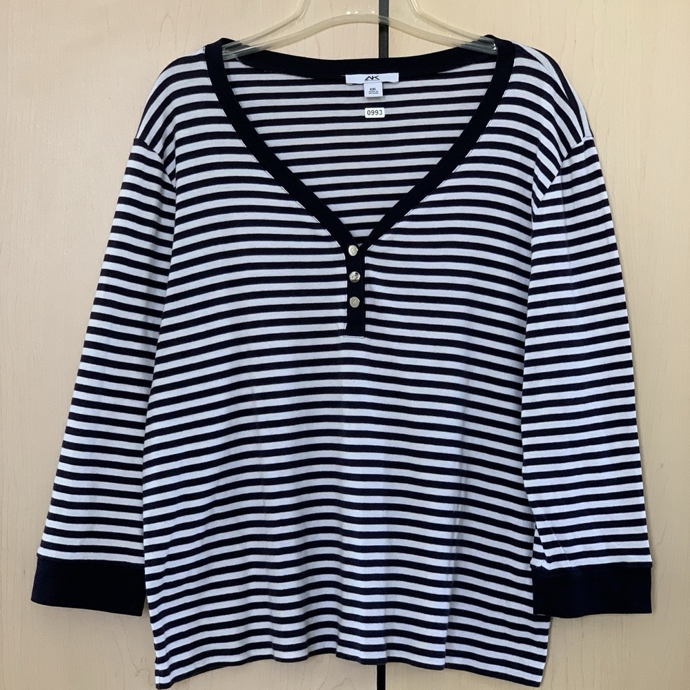 Anne Klein Sport Women's 3/4 Sleeve V Neck Cotton Top Stripe Navy White Size XXL
